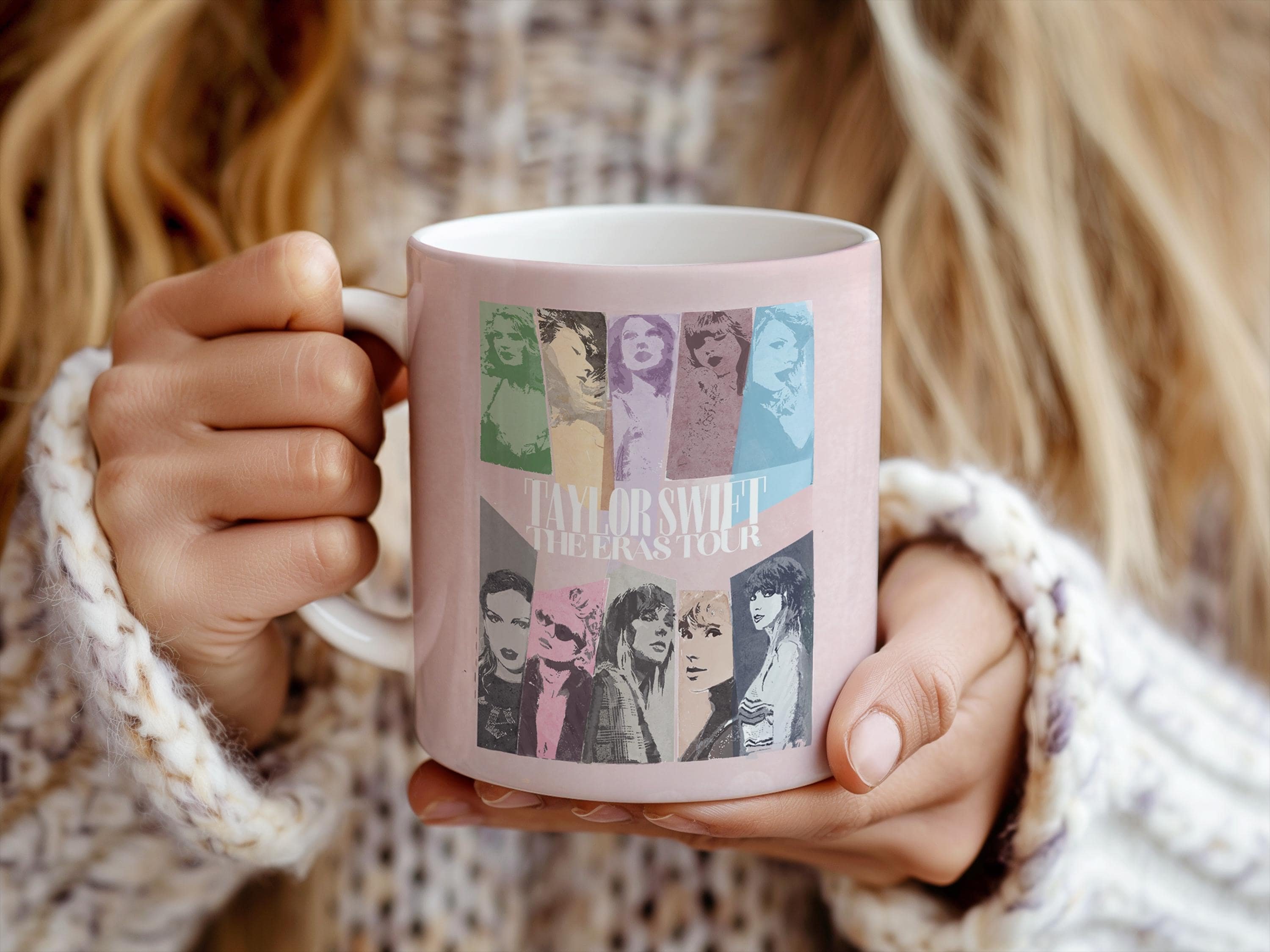 White ceramic mug with Taylor Swift albums as classic books design