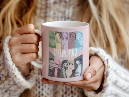 White ceramic mug with Taylor Swift albums as classic books design