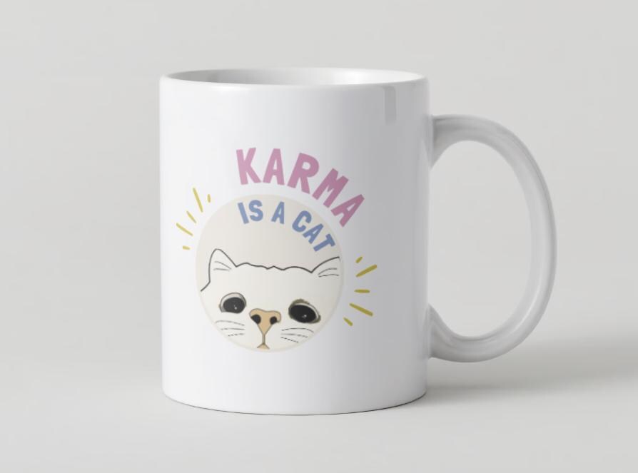 Karma Is A Cat funny Taylor Swift themed coffee mug