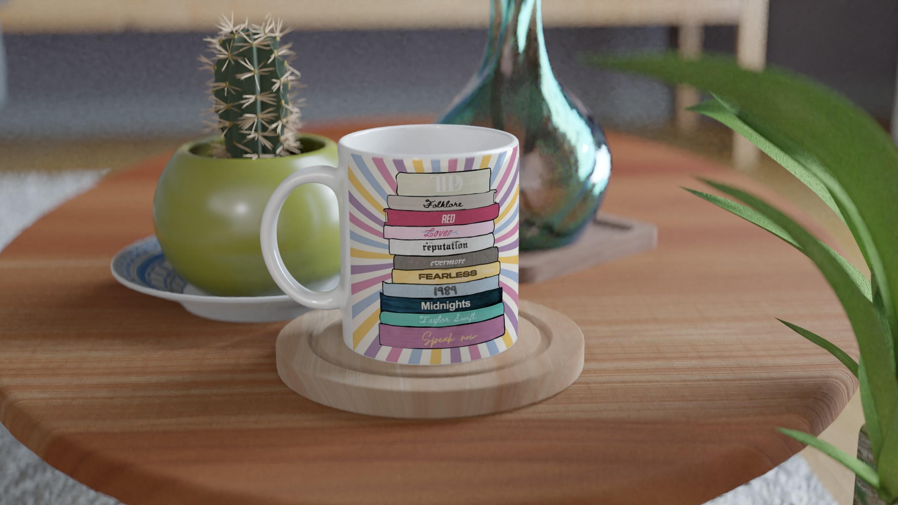 Literary themed mug featuring Taylor Swift albums as vintage books