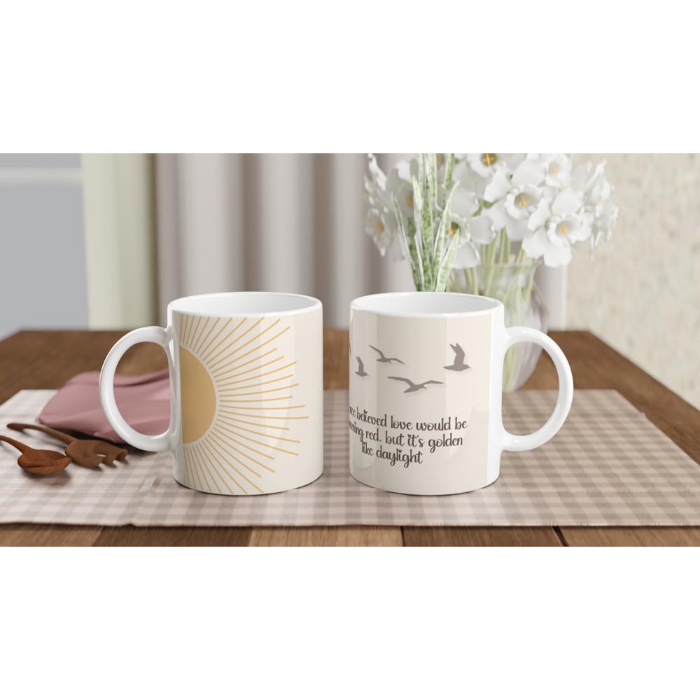 Golden ceramic mug featuring Taylor Swift Daylight lyrics