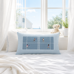 Blue rectangular Pickleball Court pillow styled on white bedding by a window.