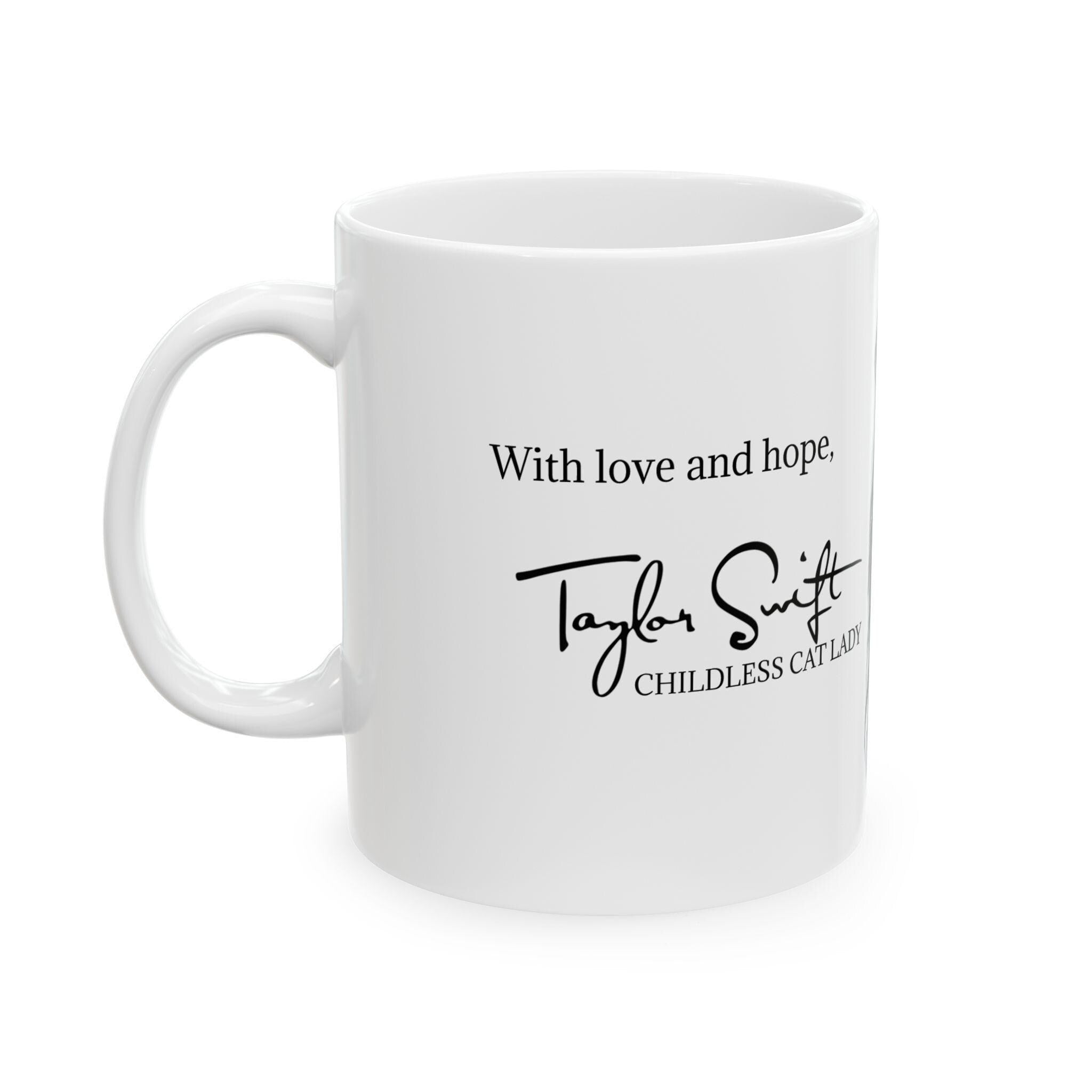 Cat lady coffee mug featuring Taylor Swift inspired design for Swifties and cat lovers