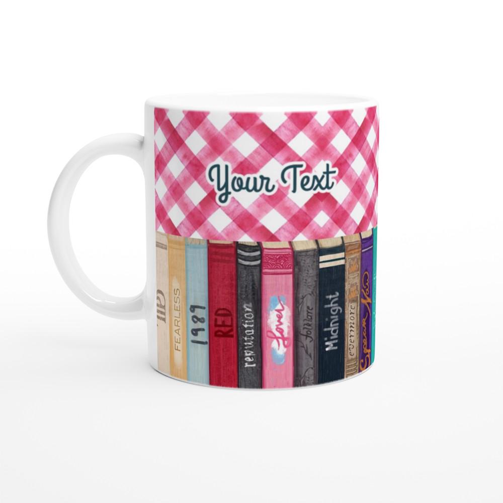 Customizable gingham mug with Taylor Swift album book spines