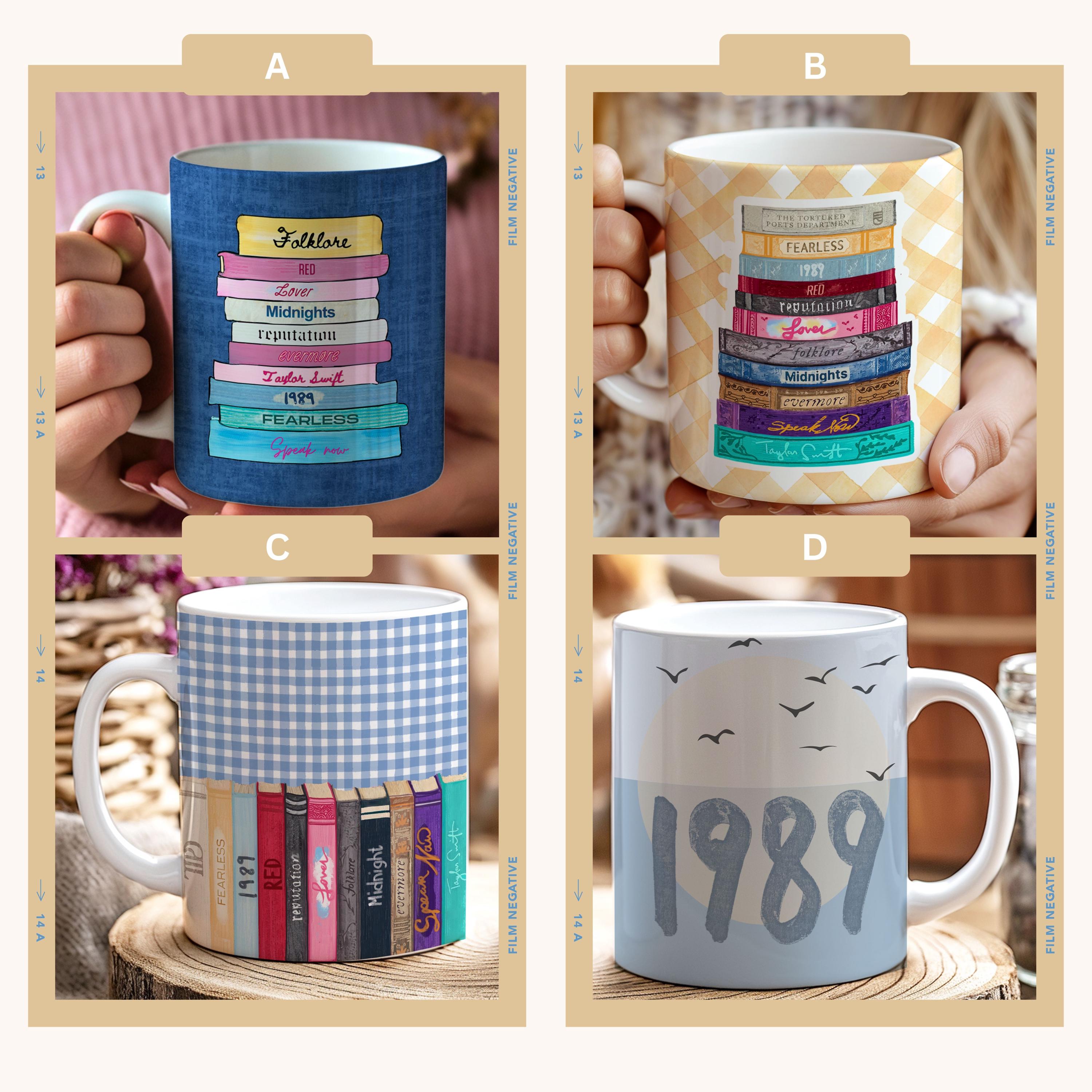 White ceramic mug with Taylor Swift albums as classic books design