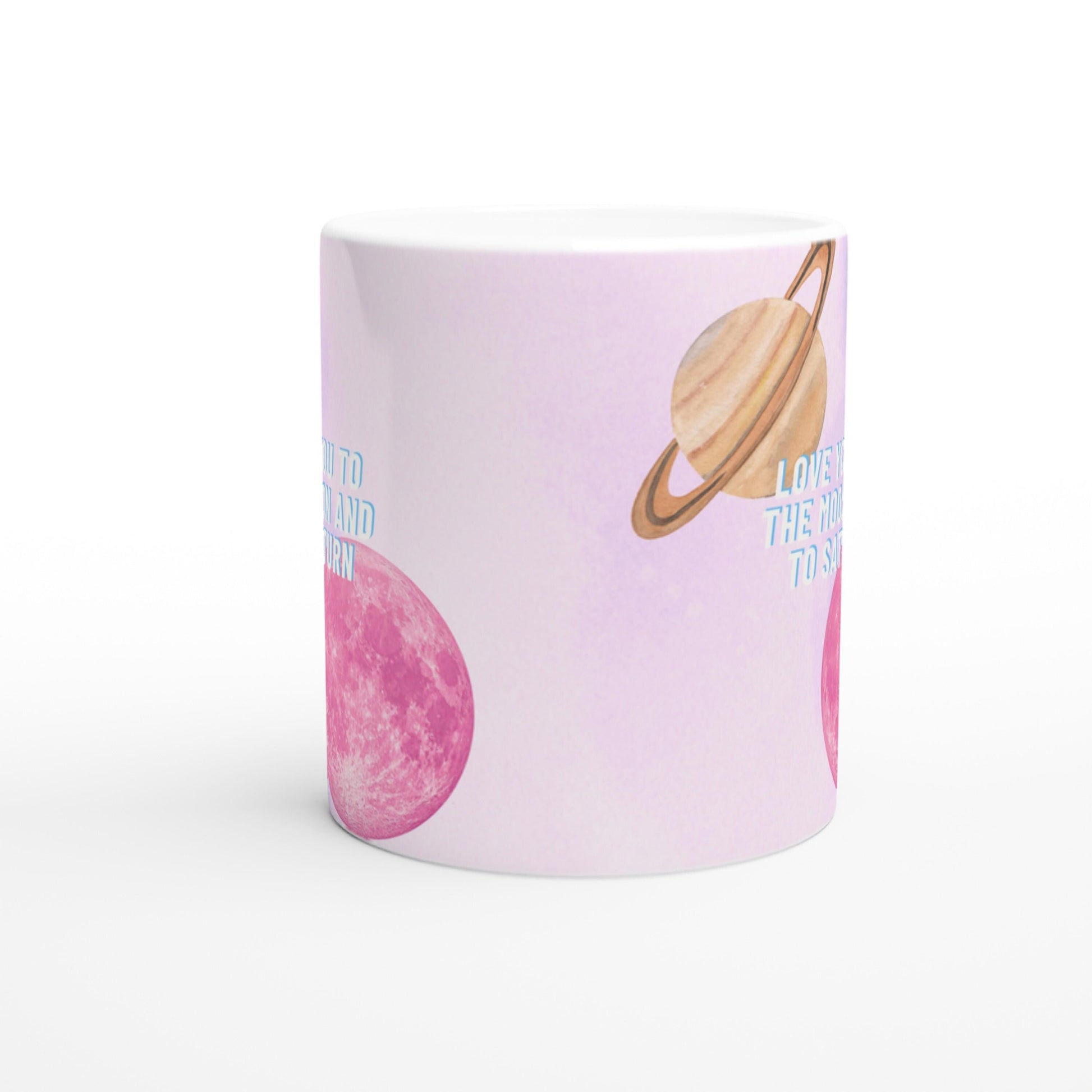 White ceramic mug with Moon and Saturn Taylor Swift lyrics design