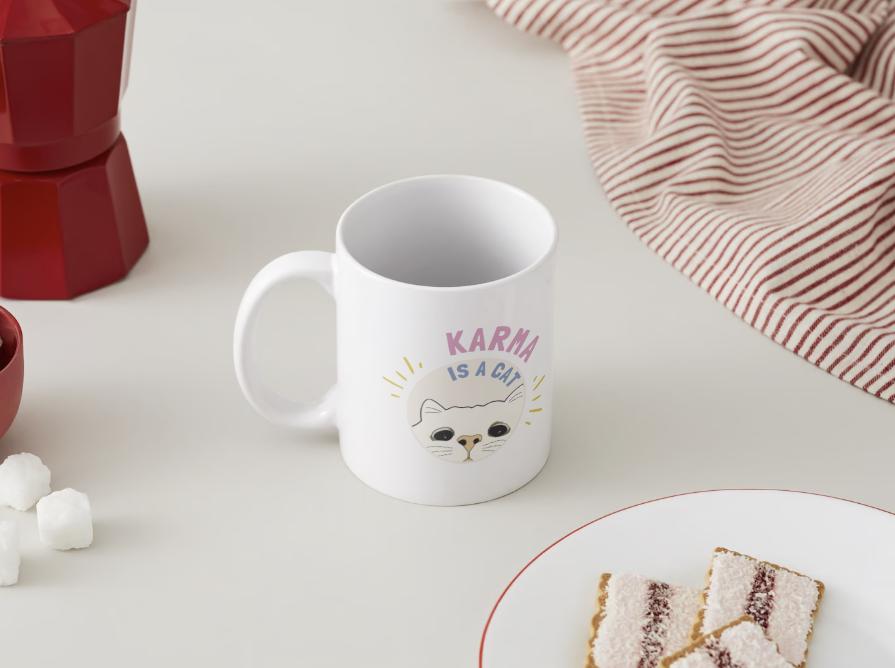 Karma Is A Cat funny Taylor Swift themed coffee mug