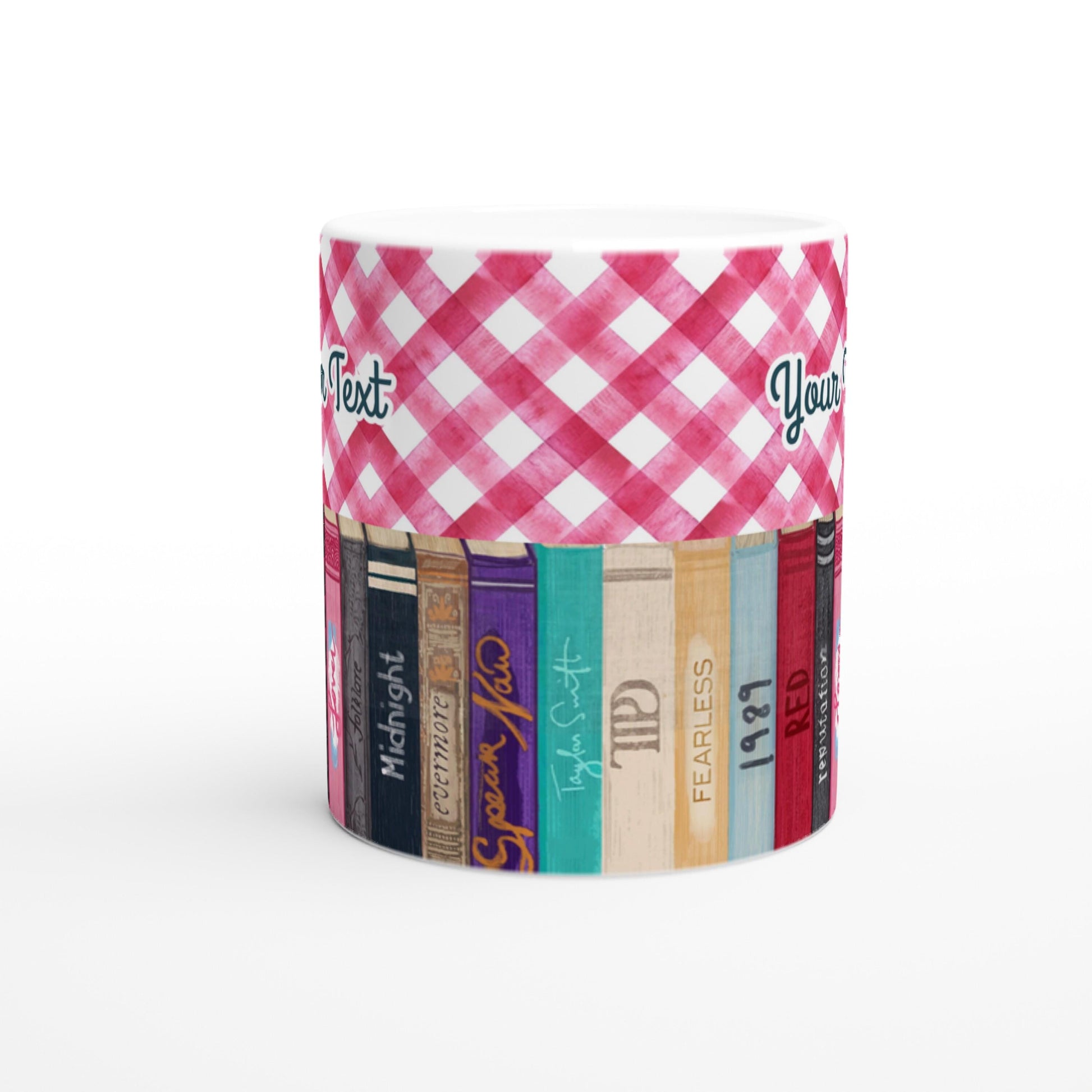 Customizable gingham mug with Taylor Swift album book spines