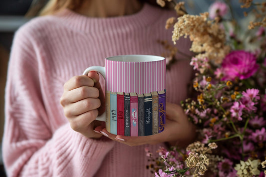 Taylor Swift album covers reimagined as book spines on white ceramic mug