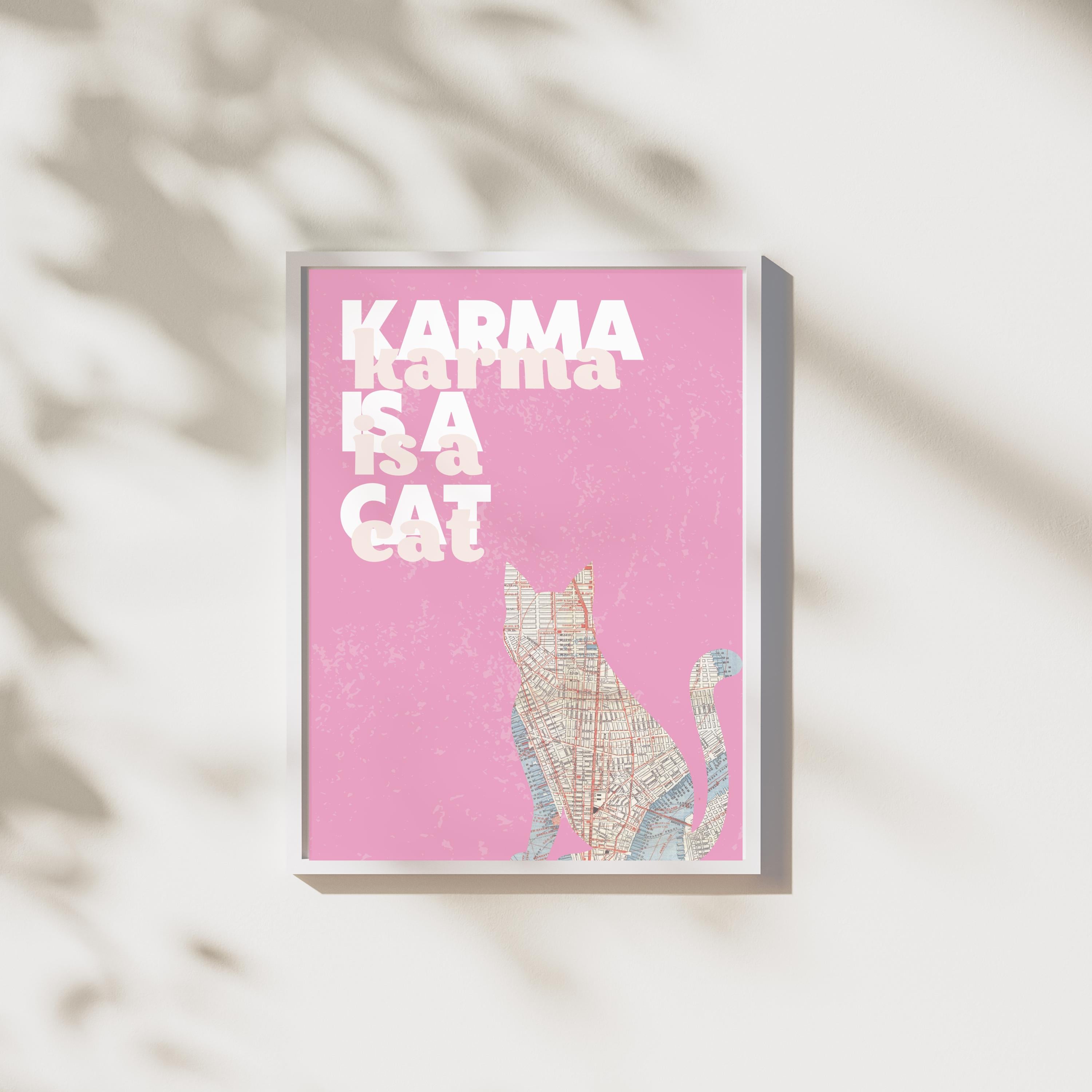 Taylor Swift Karma Cat Print | Pink Wall Art | NYC Map Cat Poster | Midnights Era Decor | Swiftie Room Art | Digital Download | Manhattan Map Art