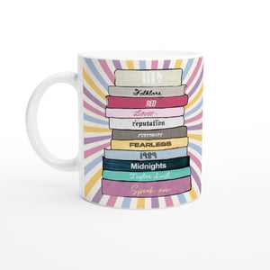 Literary themed mug featuring Taylor Swift albums as vintage books