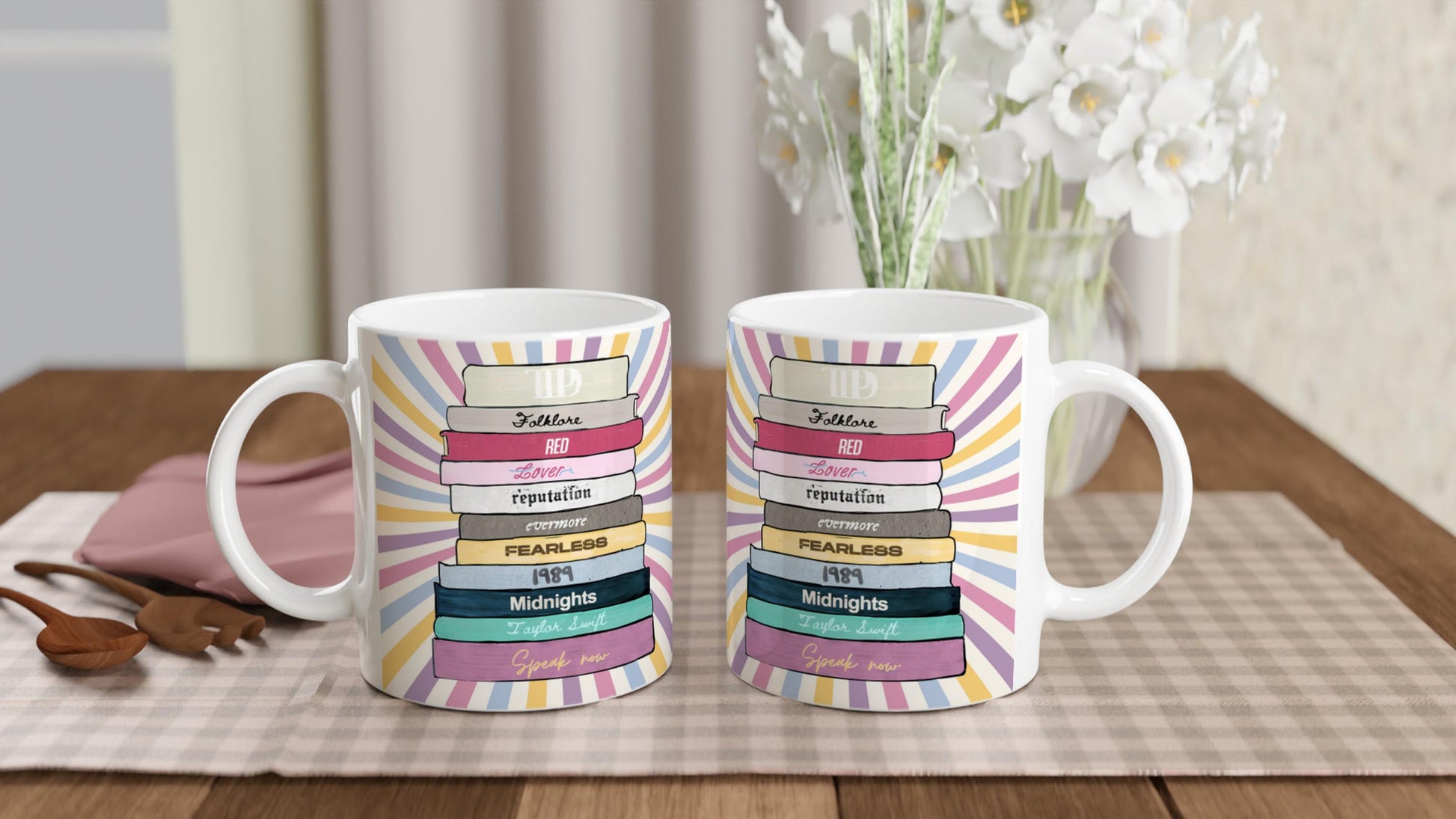 Literary themed mug featuring Taylor Swift albums as vintage books