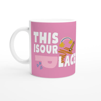 Pink ceramic coffee mug with Fearless and Speak Now Taylor Swift designs