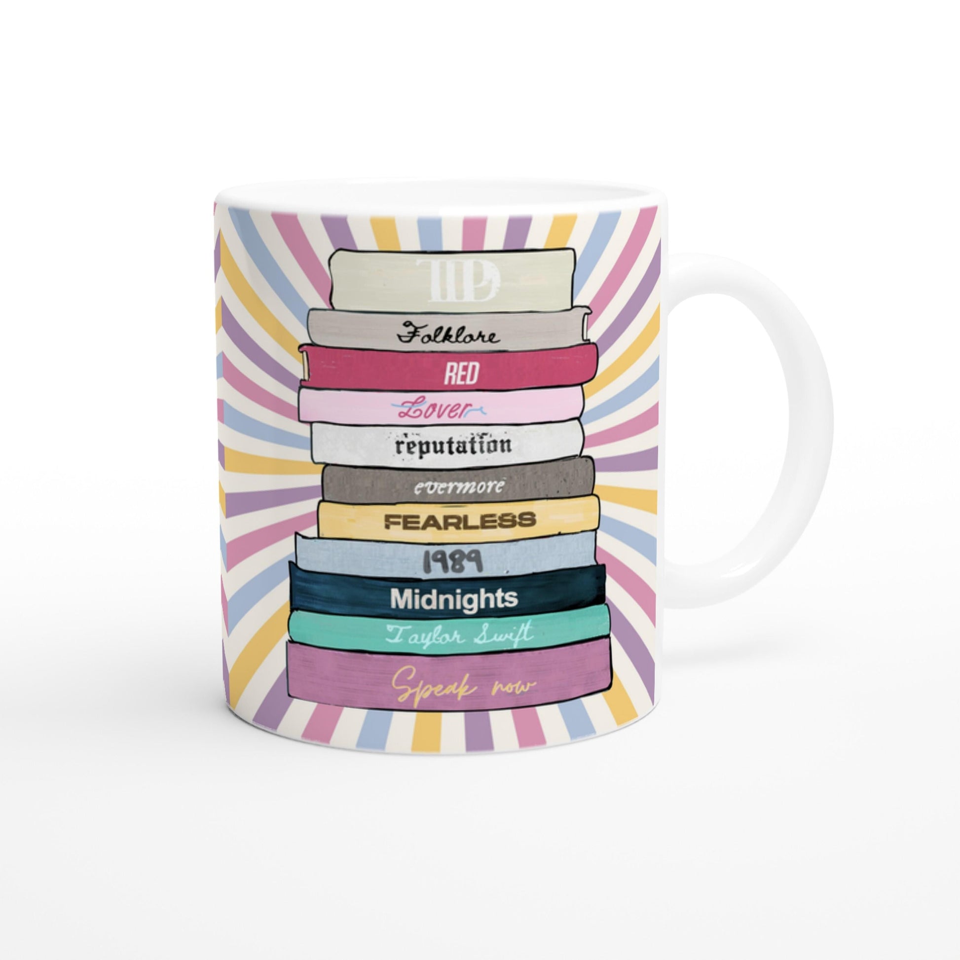 Literary themed mug featuring Taylor Swift albums as vintage books