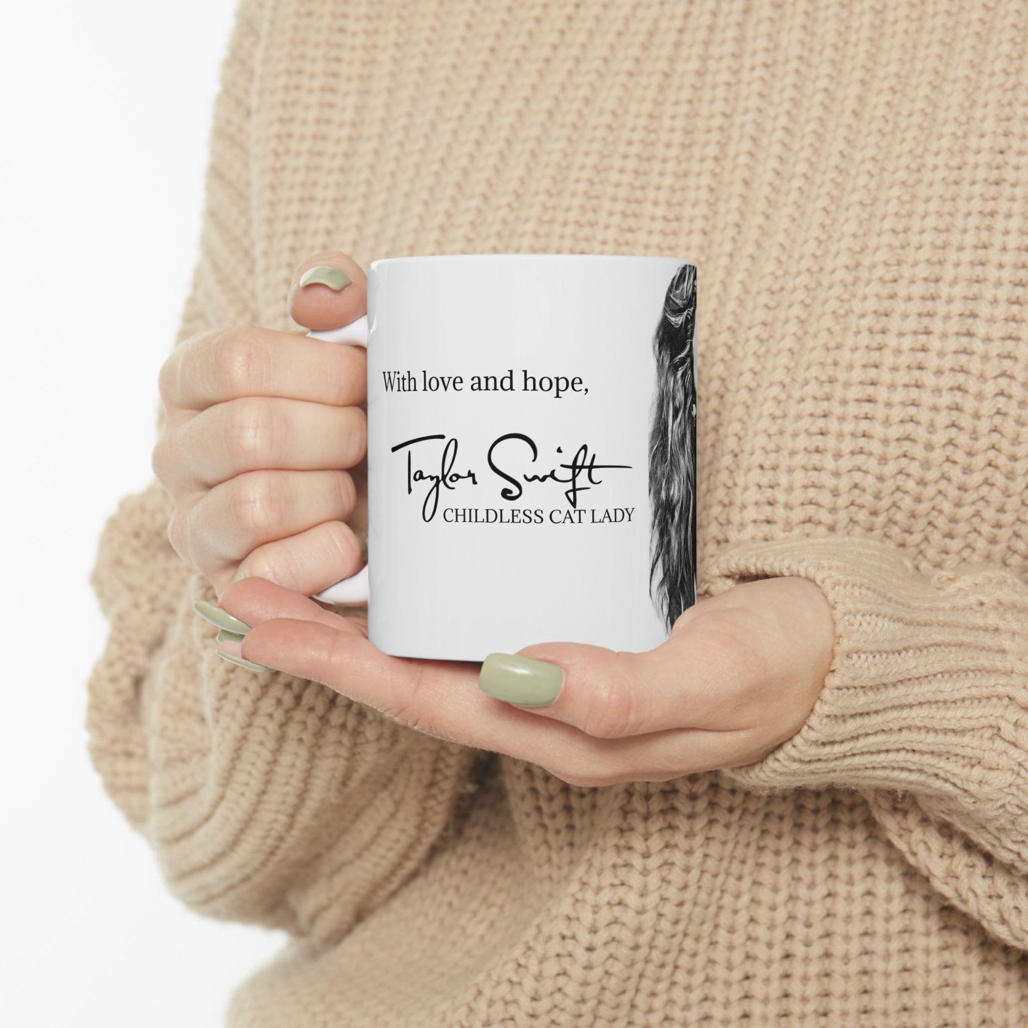 Cat lady coffee mug featuring Taylor Swift inspired design for Swifties and cat lovers