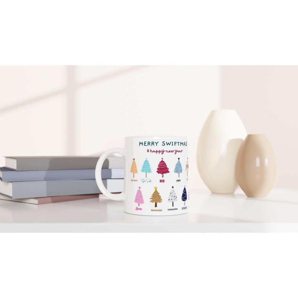 White ceramic mug with Merry Swiftmas holiday design for Taylor Swift fans