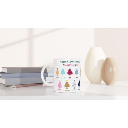 White ceramic mug with Merry Swiftmas holiday design for Taylor Swift fans