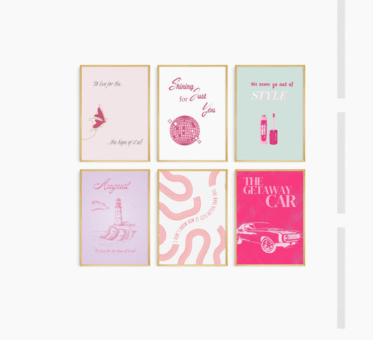 Taylor Swift-Inspired Digital Wall Art Set | 6 Minimalist Printable Posters | Whimsical Swiftie Decor | Pink Aesthetic Prints for Home & Gifts