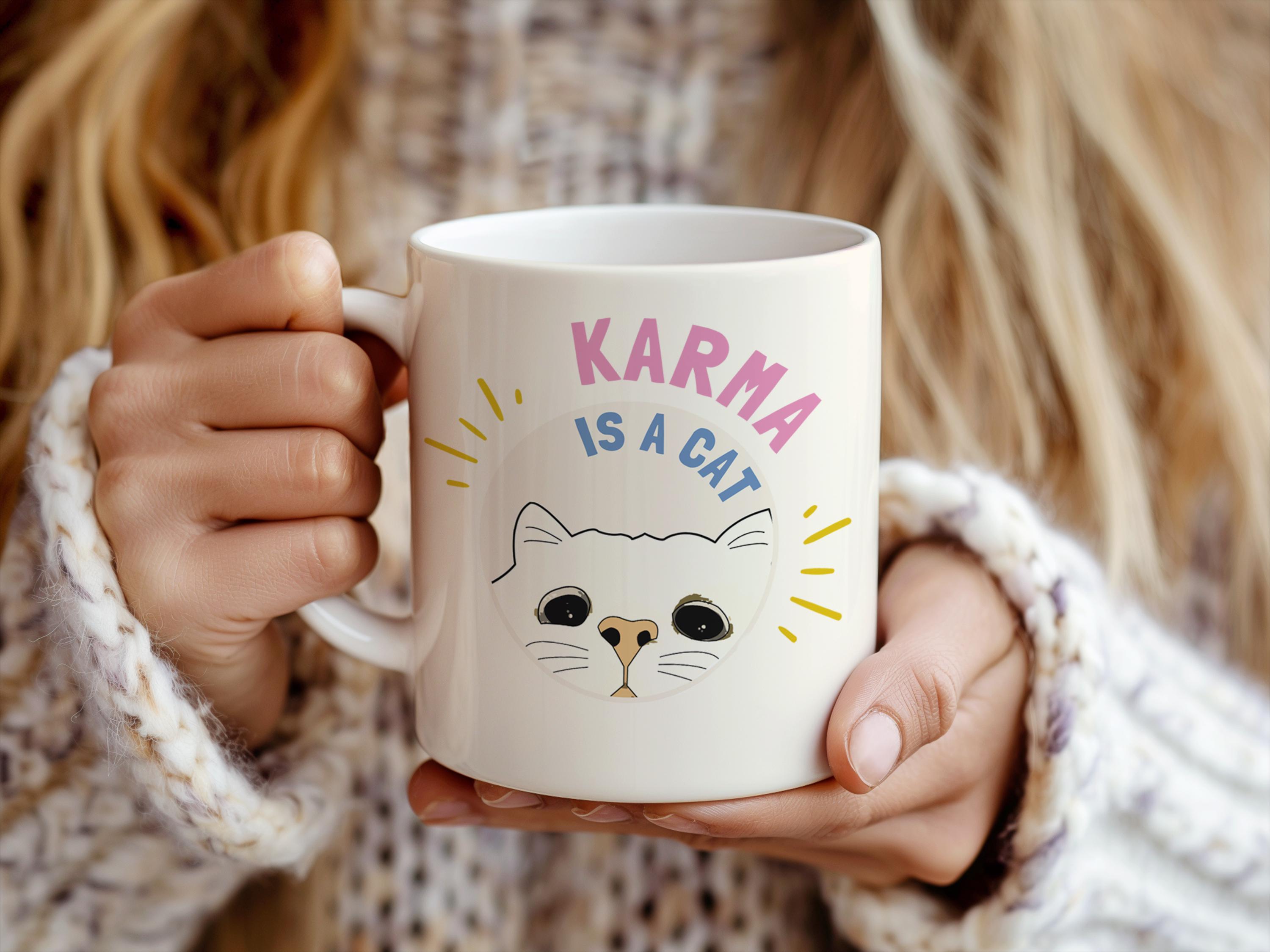 Karma Is A Cat funny Taylor Swift themed coffee mug