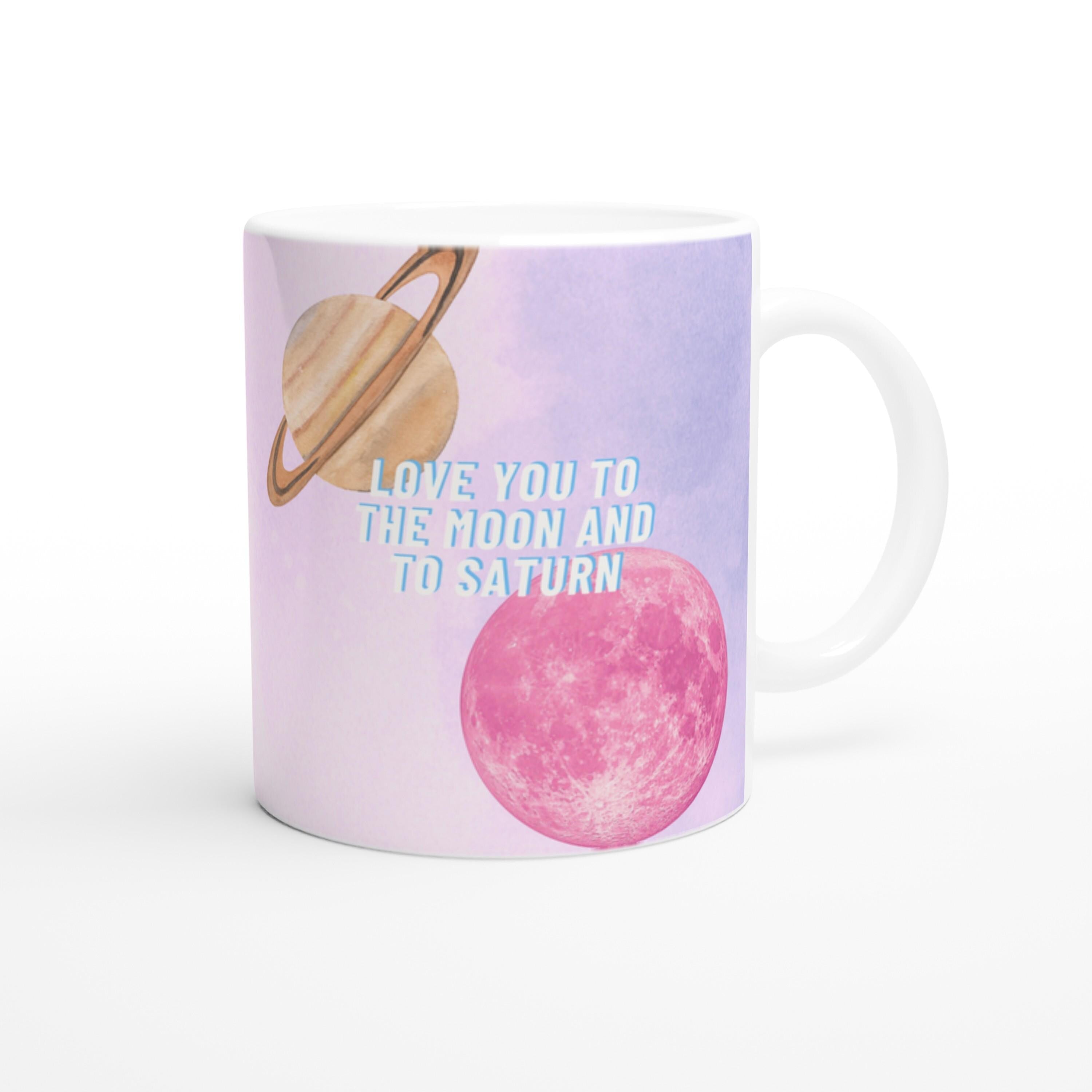 White ceramic mug with Moon and Saturn Taylor Swift lyrics design