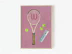 Pink Court Classics tennis racket art print in a natural wood frame on a white wall.