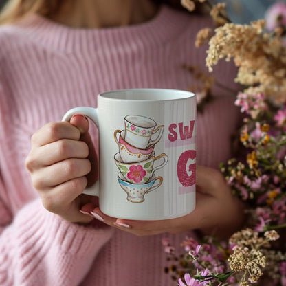 White ceramic mug featuring Taylor Swift song lyrics