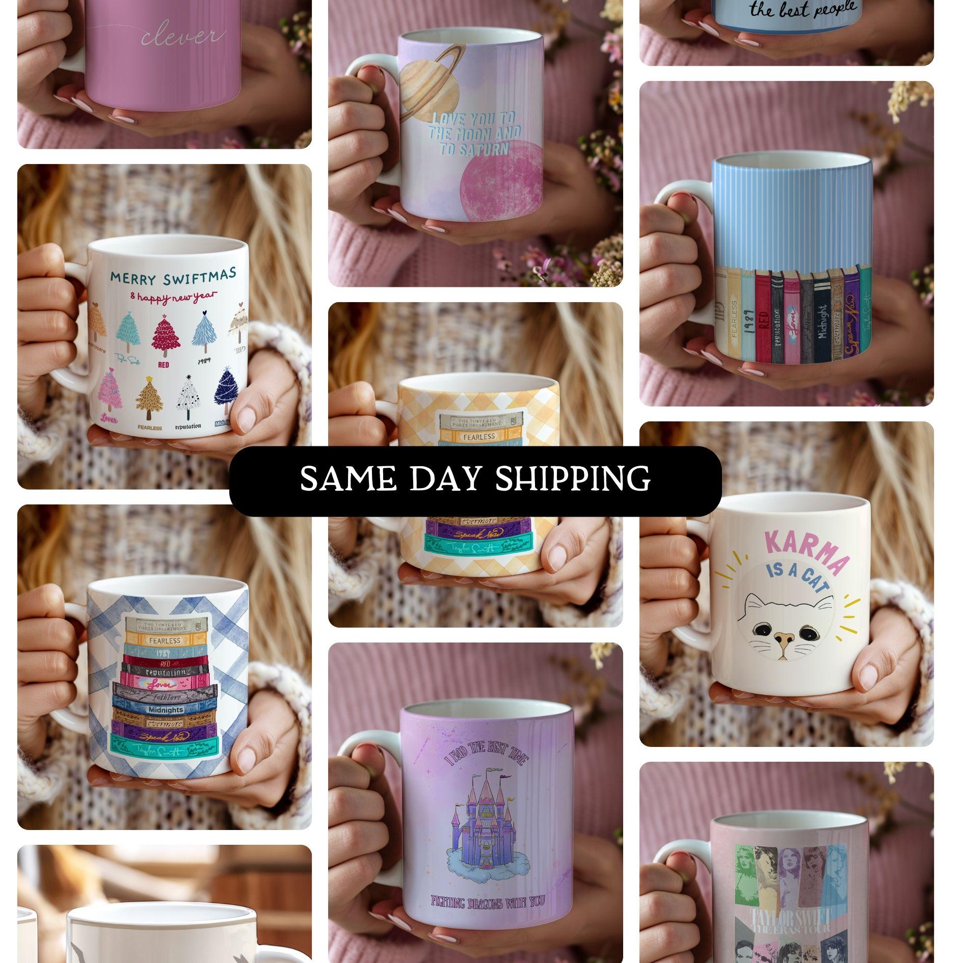 Cat lady coffee mug featuring Taylor Swift inspired design for Swifties and cat lovers