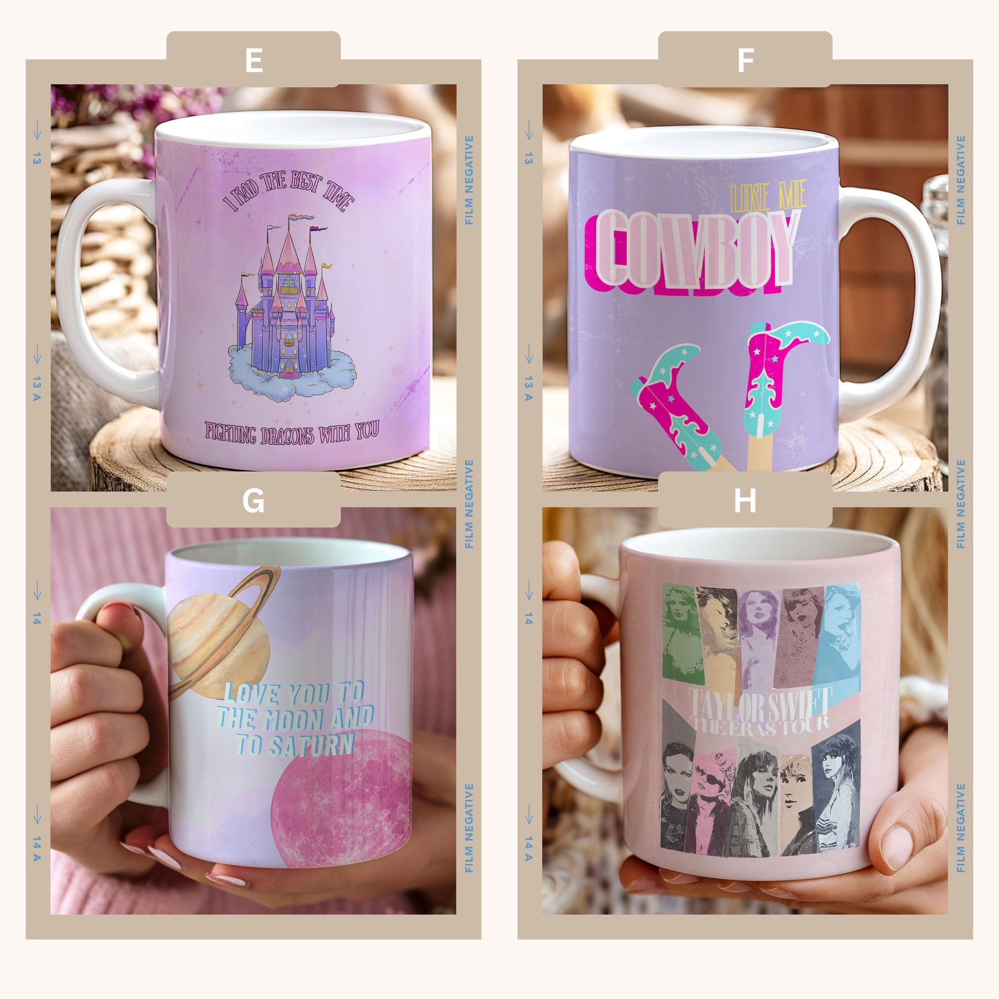 Taylor Swift album covers as artistic designs on ceramic mug