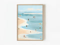 Aerial beach scene art print with surfers and swimmers