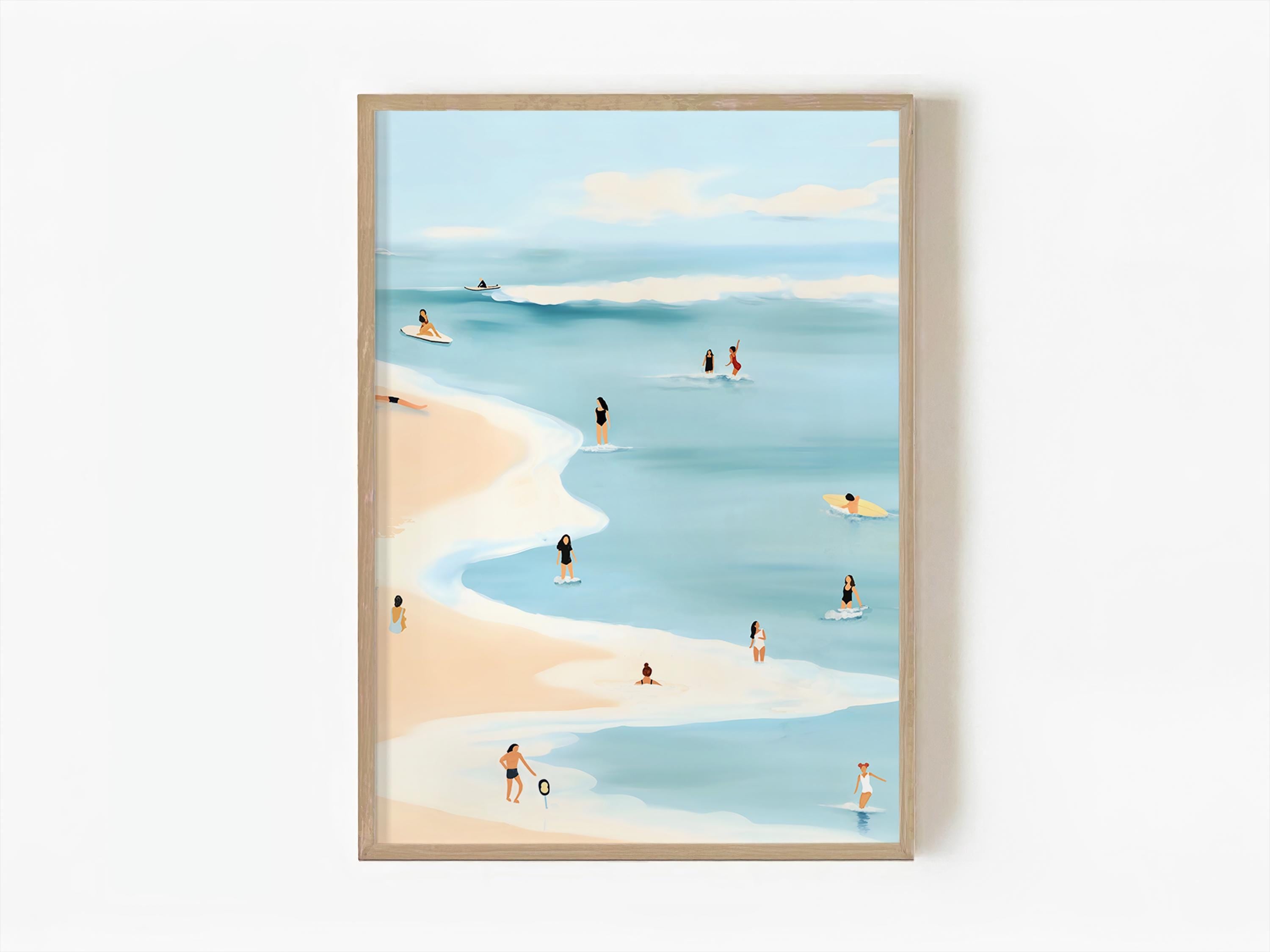 Aerial beach scene art print with surfers and swimmers