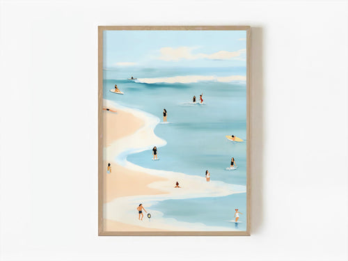 Aerial beach scene art print with surfers and swimmers