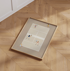 Double Delight beige aerial tennis court print in a wood frame on a parquet floor.