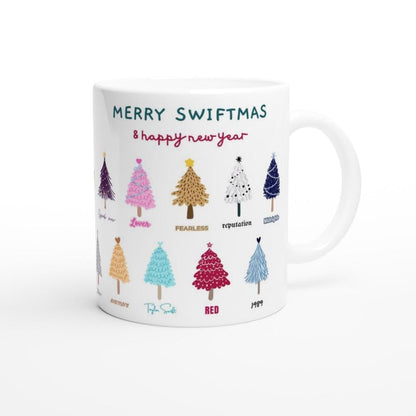 White ceramic mug with Merry Swiftmas holiday design for Taylor Swift fans