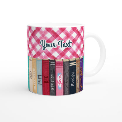 Customizable gingham mug with Taylor Swift album book spines