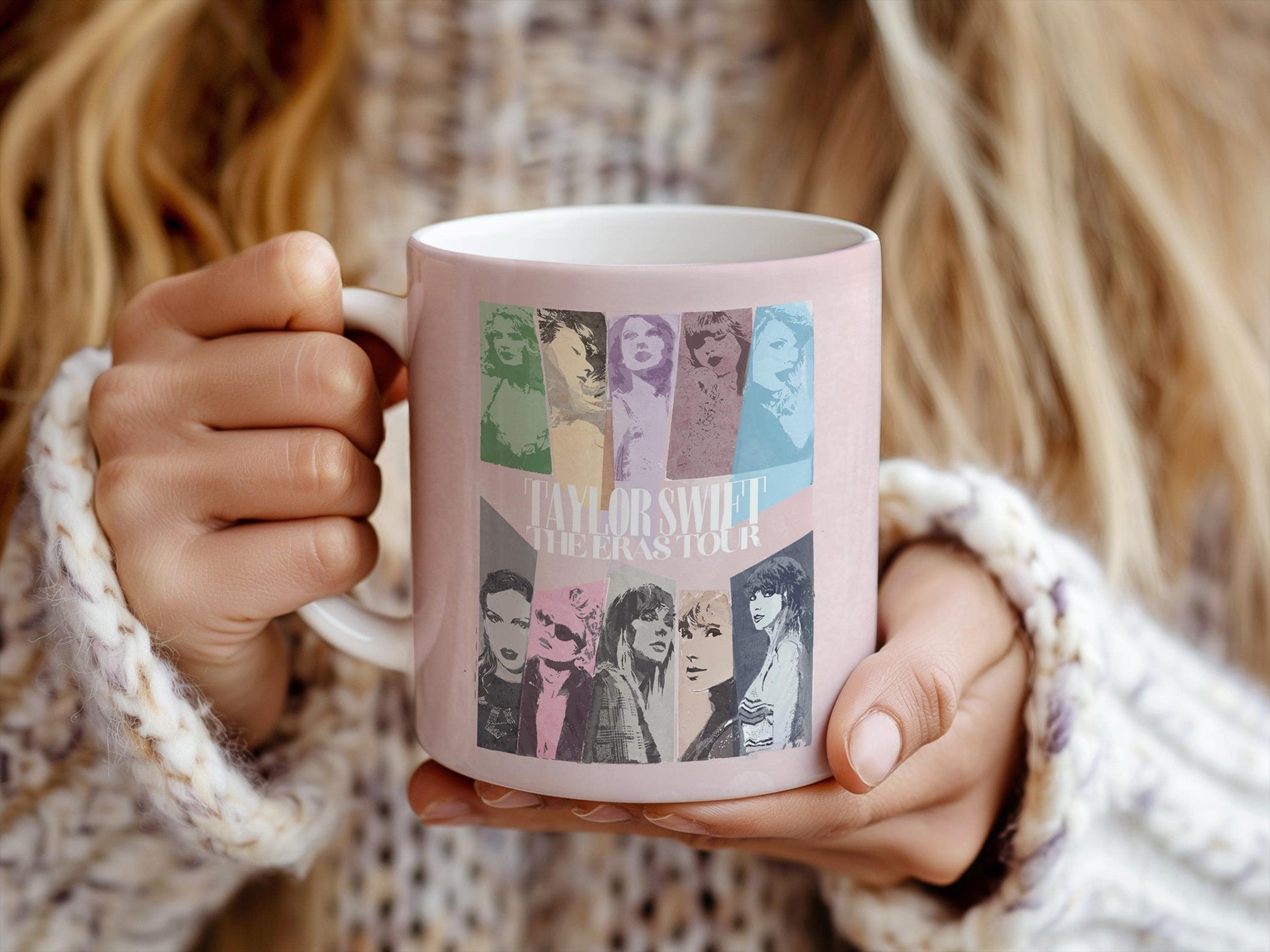 Taylor Swift album covers as artistic designs on ceramic mug