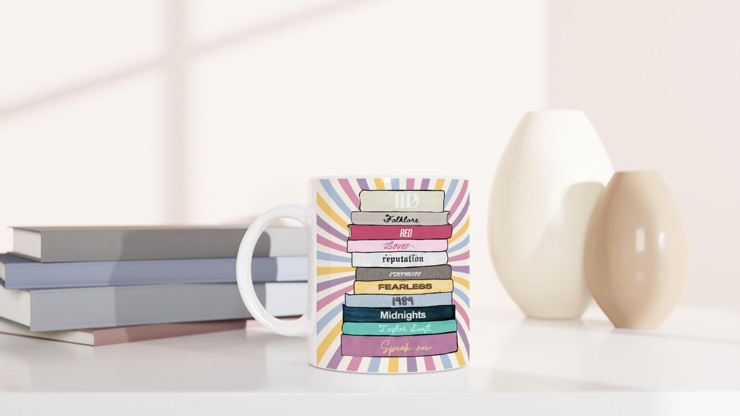 Literary themed mug featuring Taylor Swift albums as vintage books