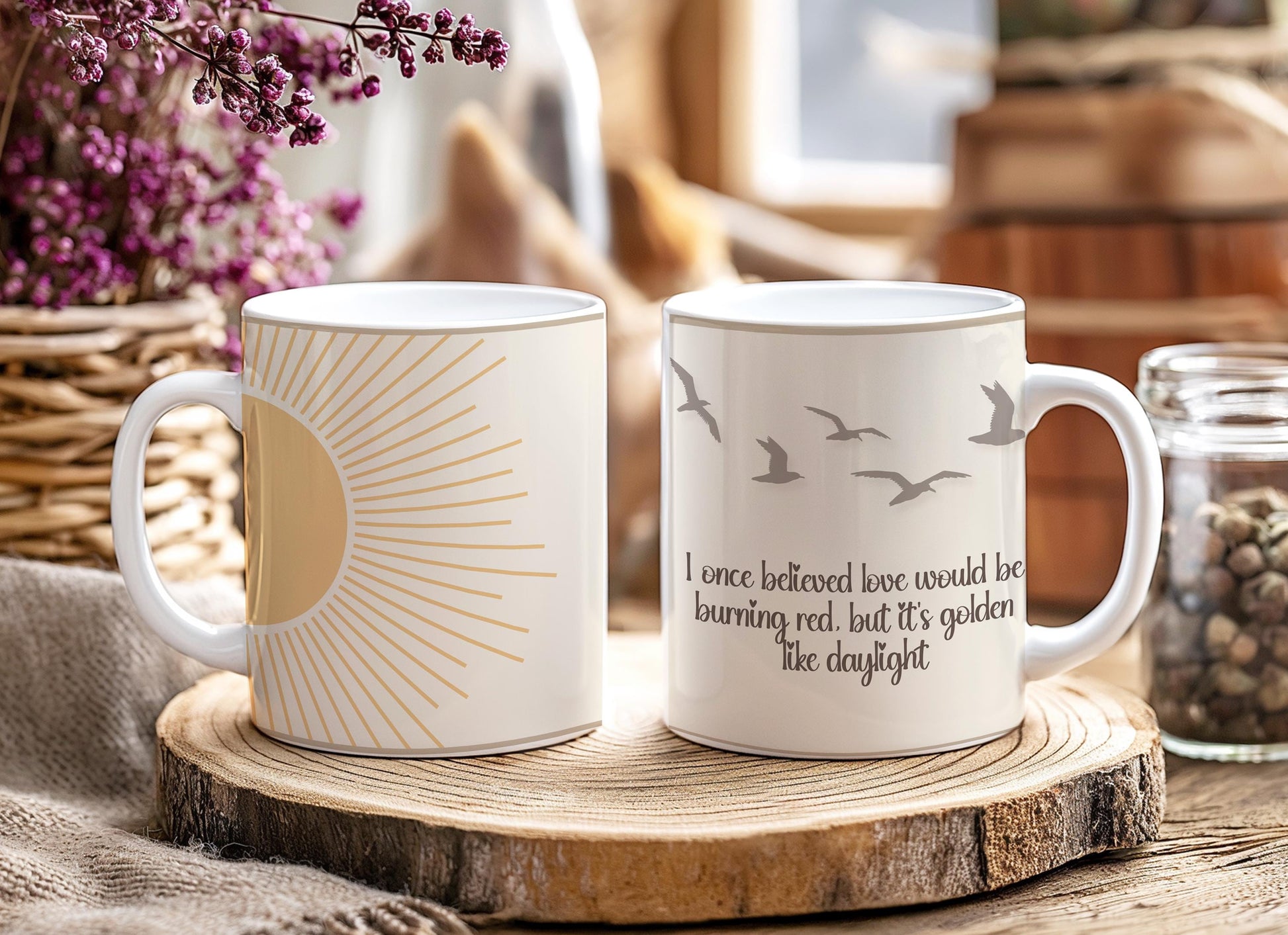 Golden ceramic mug featuring Taylor Swift Daylight lyrics