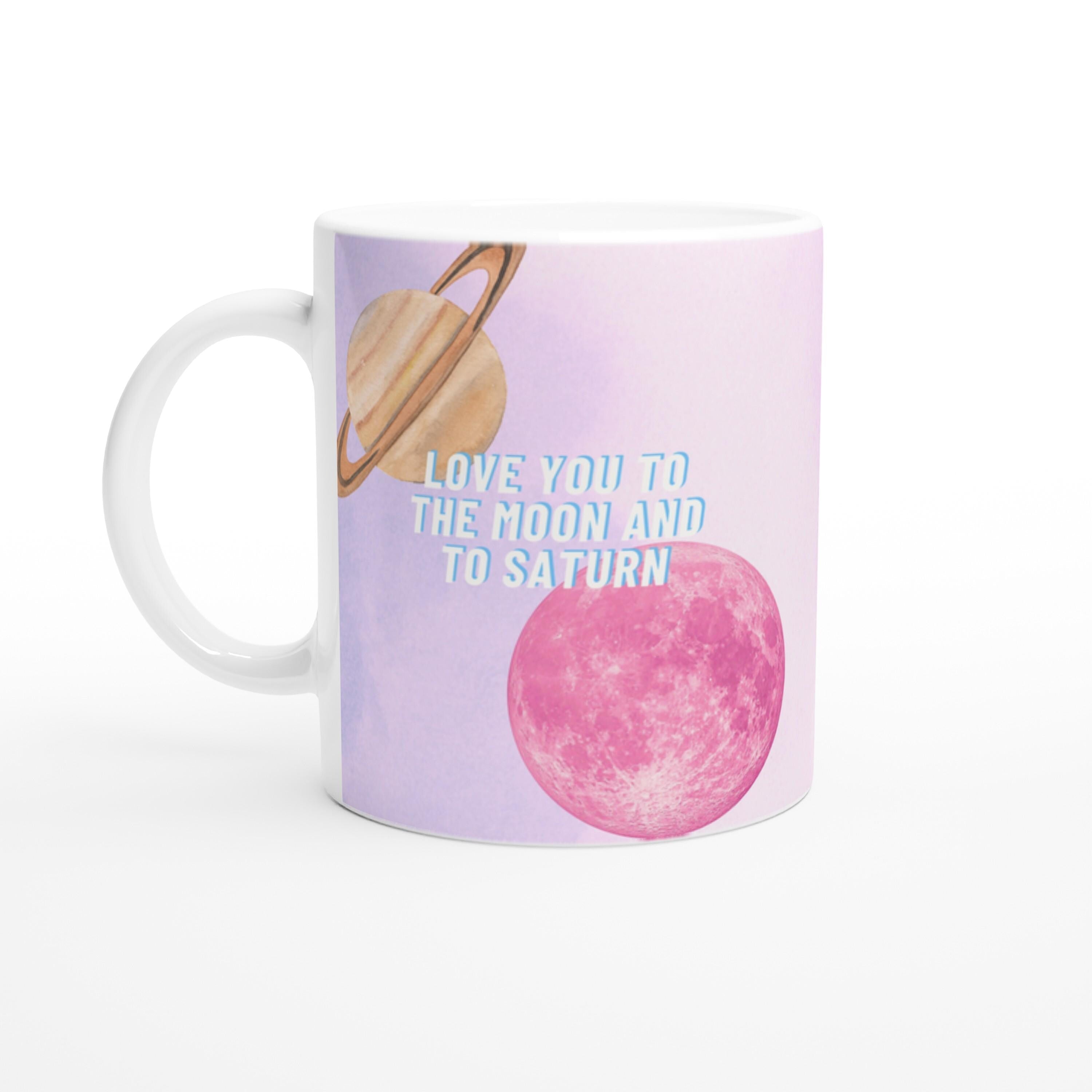 White ceramic mug with Moon and Saturn Taylor Swift lyrics design