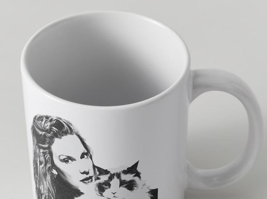 Cat lady coffee mug featuring Taylor Swift inspired design for Swifties and cat lovers