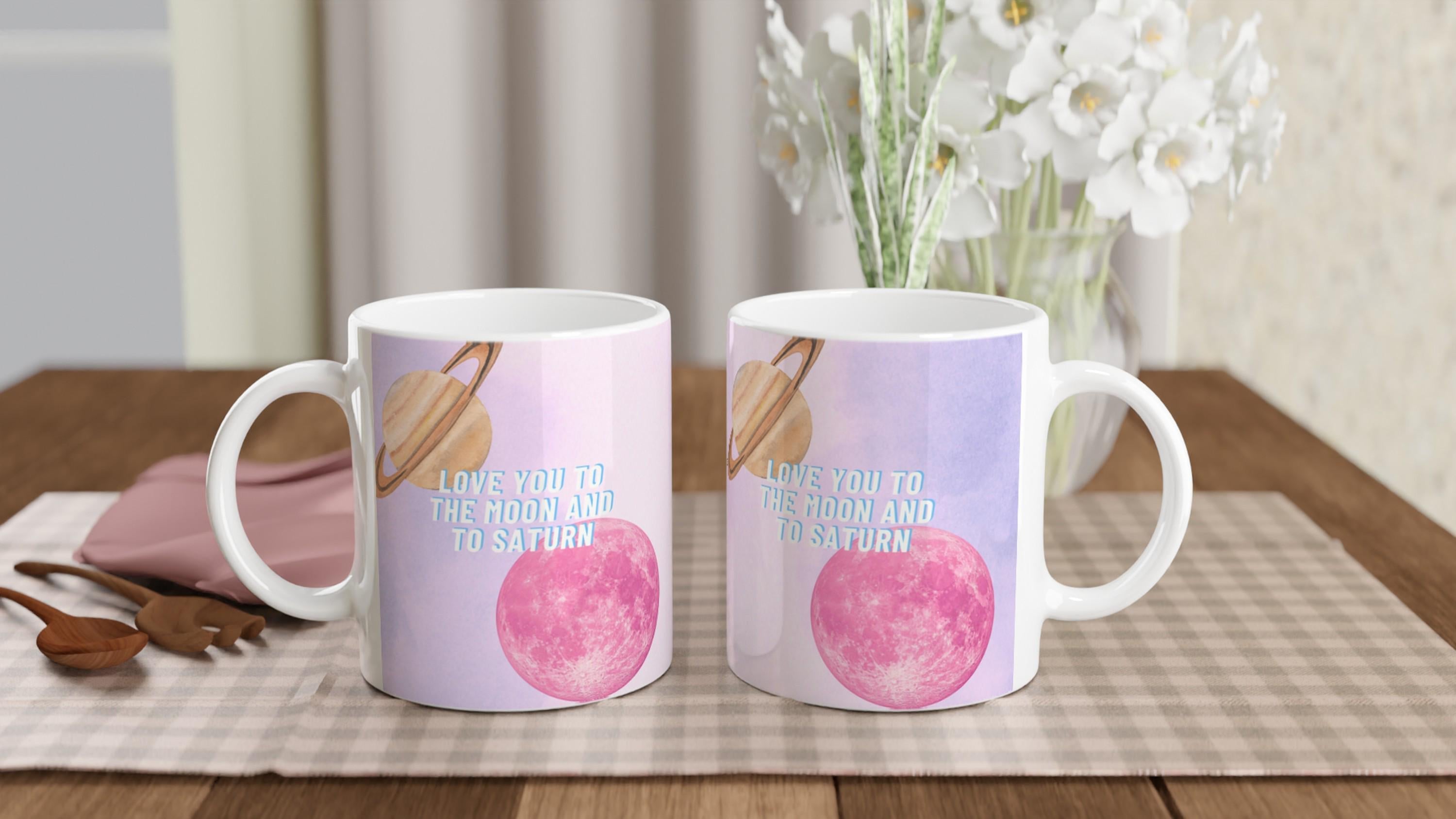 White ceramic mug with Moon and Saturn Taylor Swift lyrics design