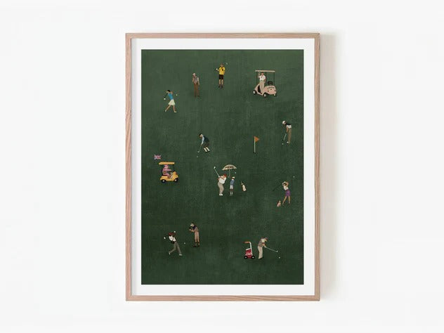 Framed artwork of golfers on a green background