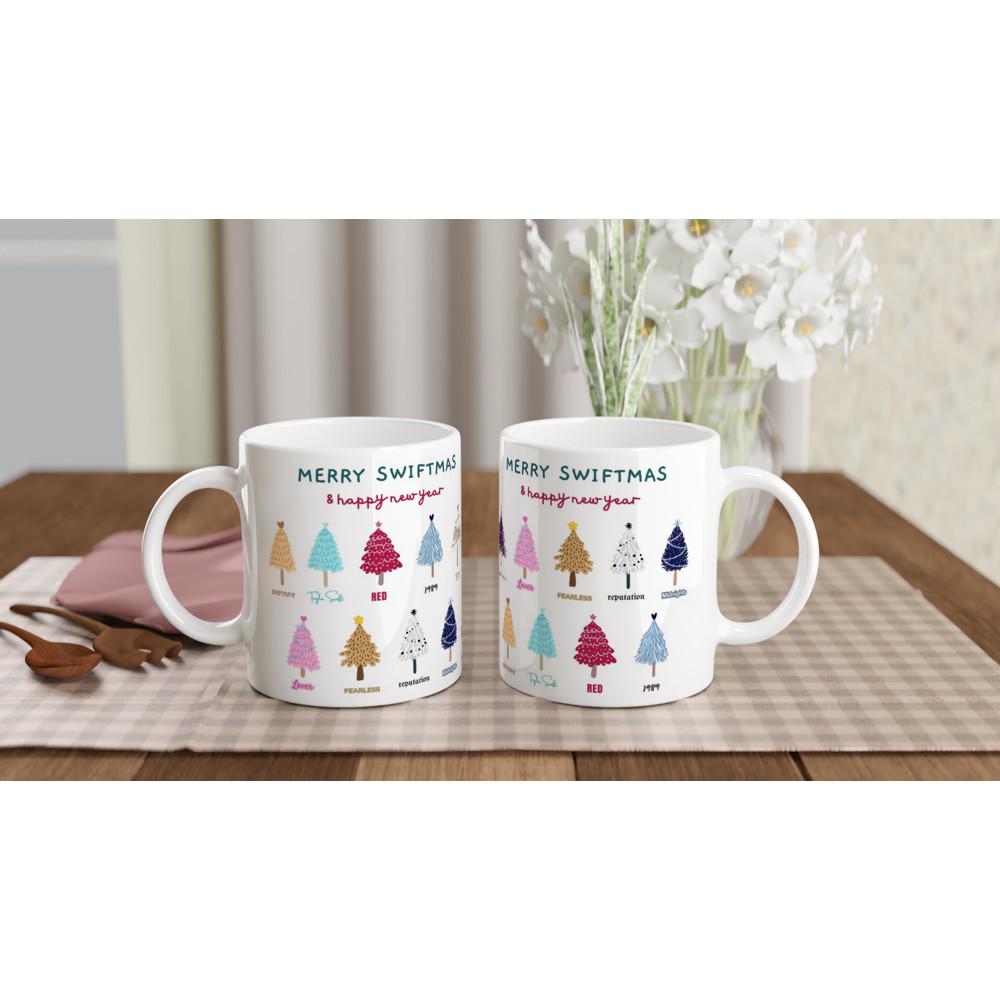 White ceramic mug with Merry Swiftmas holiday design for Taylor Swift fans