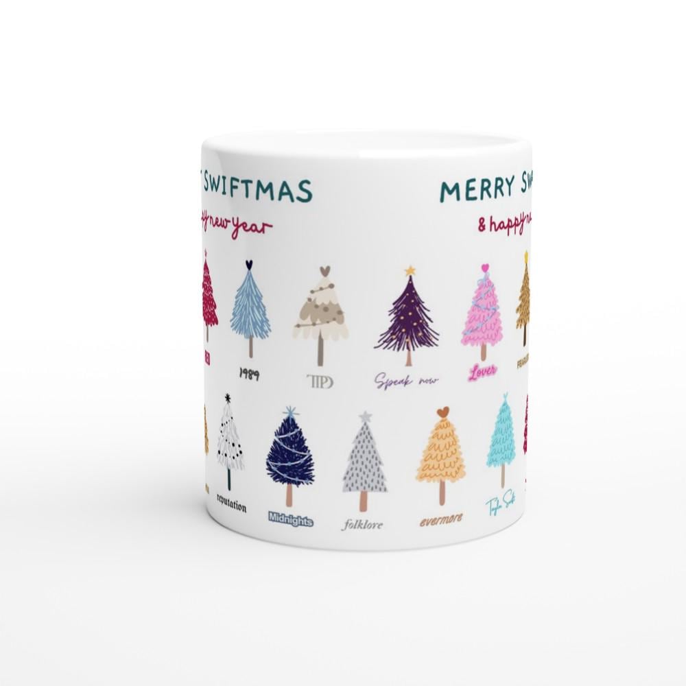 White ceramic mug with Merry Swiftmas holiday design for Taylor Swift fans