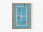 Blue Doubles Delight II, aerial tennis doubles art print by Studio Twinswa