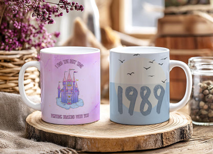 White ceramic mug with Taylor Swift albums as classic books design