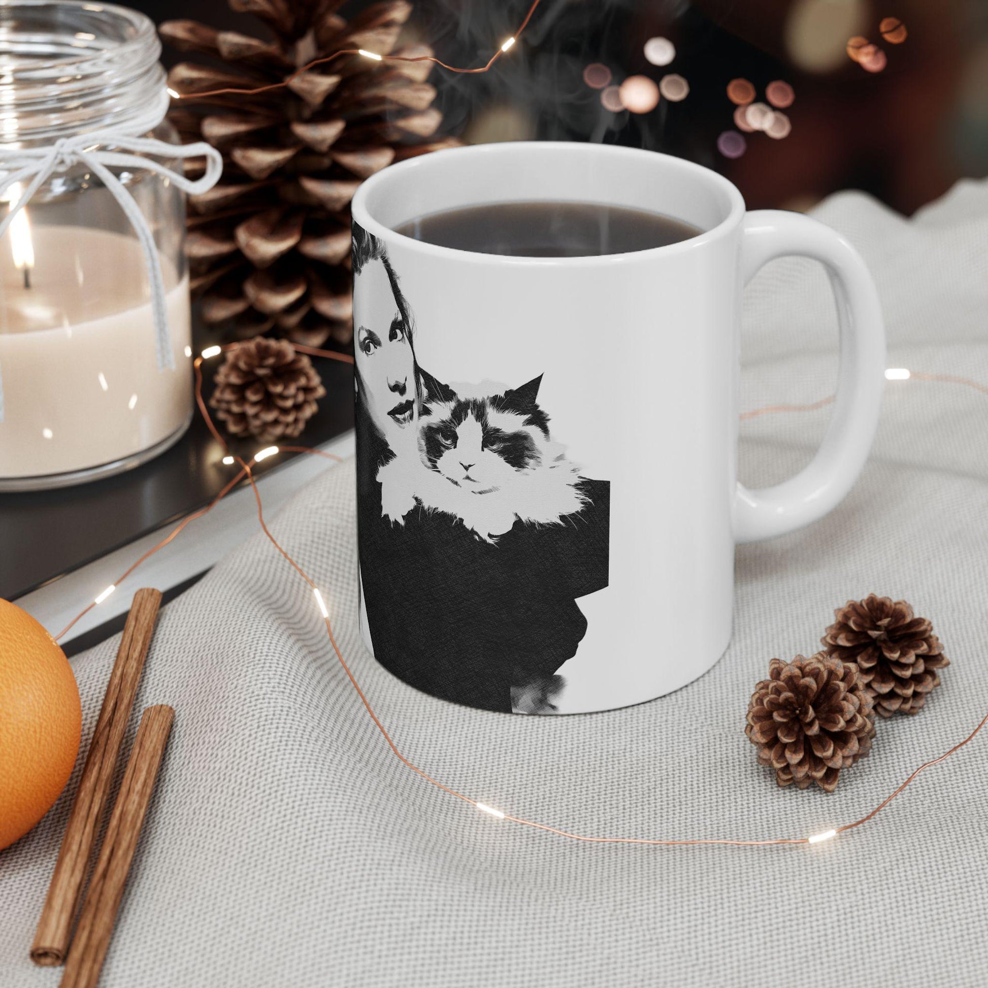 Cat lady coffee mug featuring Taylor Swift inspired design for Swifties and cat lovers