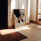 News For Breakfast art print with coffee, newspaper and slippers, leaning in a sunlit room.