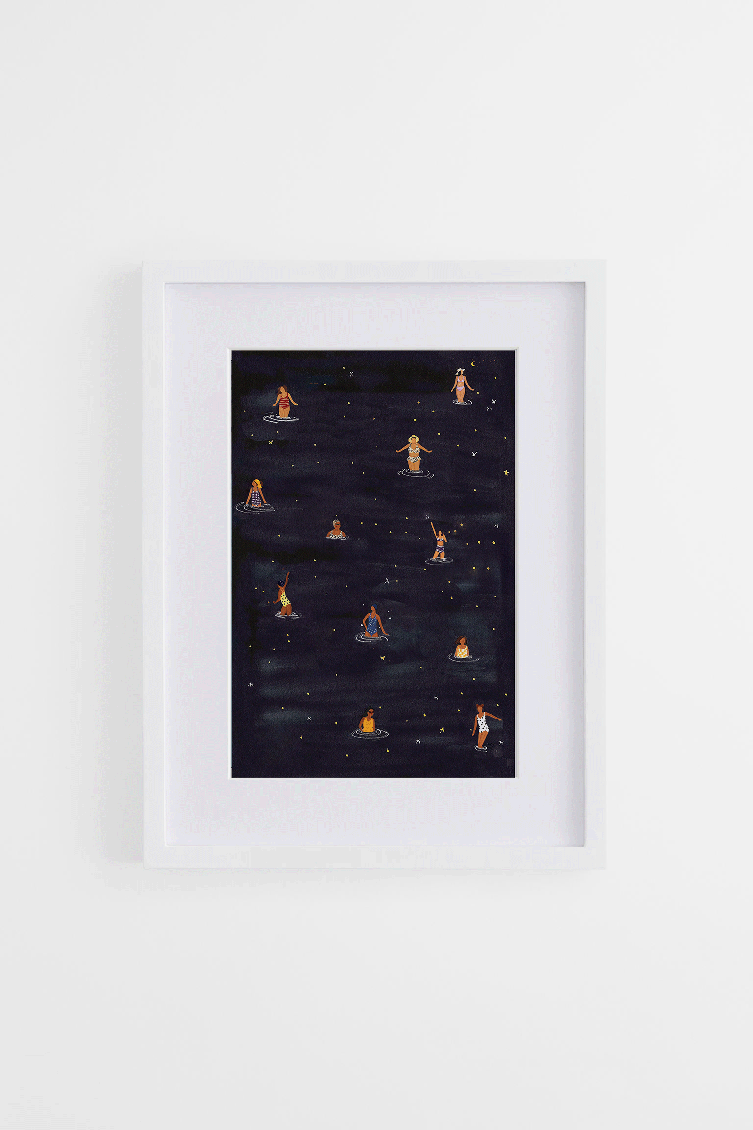 Dip In The Night, minimalist swimming wall art print, Scandinavian illustration by Studio Twins