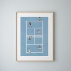 Blue Doubles Delight II aerial tennis court print framed on a pale blue wall.