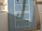 Blue Doubles Delight II framed blue tennis court illustration beside a window.